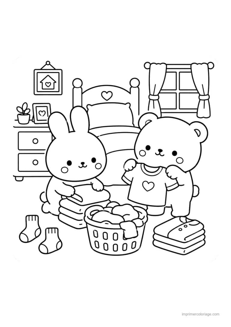 coloriage cozy lapin et ours plient le linge - dessin gratuit &agrave; imprimer