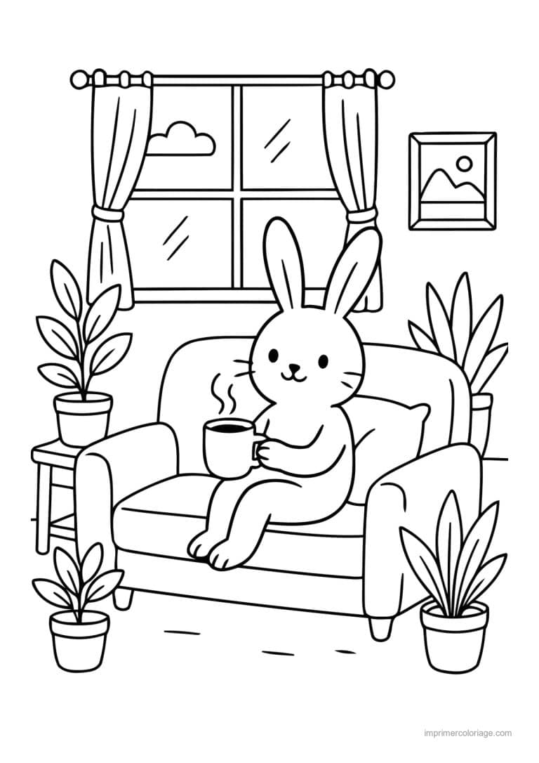 coloriage cozy lapin et sa tasse dans le fauteuil - dessin gratuit &agrave; imprimer