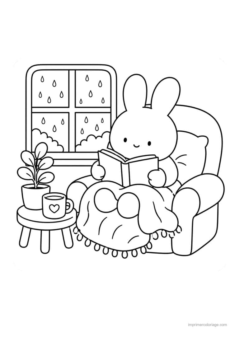 coloriage cozy lapin qui lit un jour de pluie - dessin gratuit &agrave; imprimer