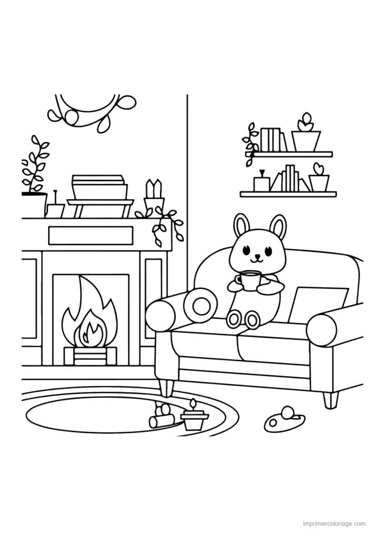 coloriage cozy lapin sur le canape pres du feu - dessin gratuit &agrave; imprimer