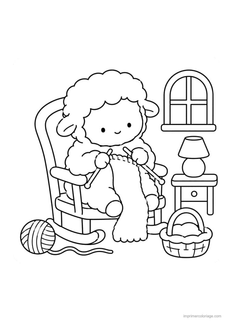 coloriage cozy mouton qui tricote dans un fauteuil - dessin gratuit &agrave; imprimer