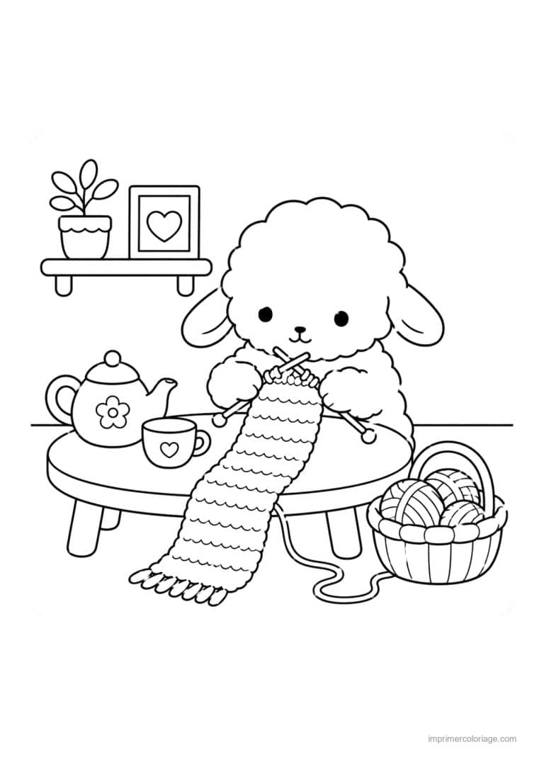 coloriage cozy mouton qui tricote pres du the - dessin gratuit &agrave; imprimer