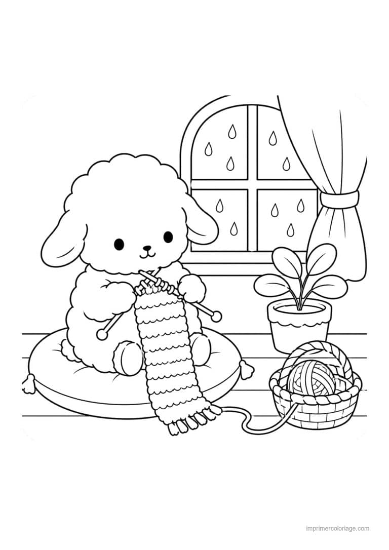 coloriage cozy mouton qui tricote un jour de pluie - dessin gratuit &agrave; imprimer