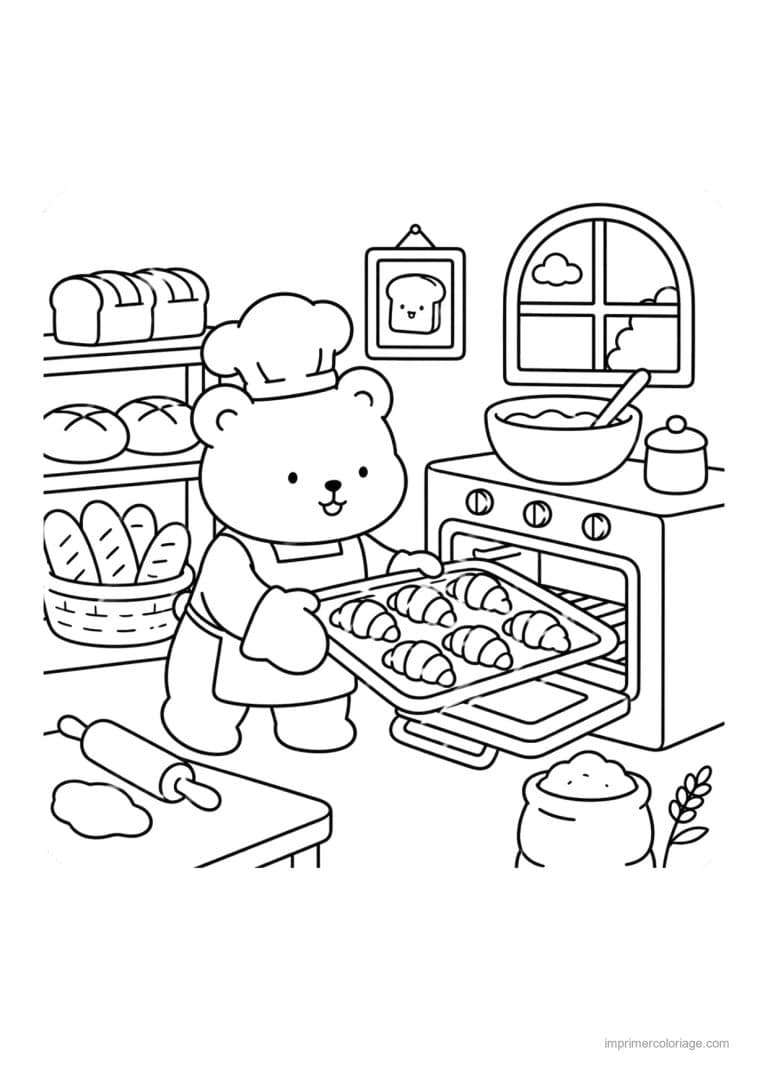 coloriage cozy ours boulanger et ses croissants - dessin gratuit &agrave; imprimer