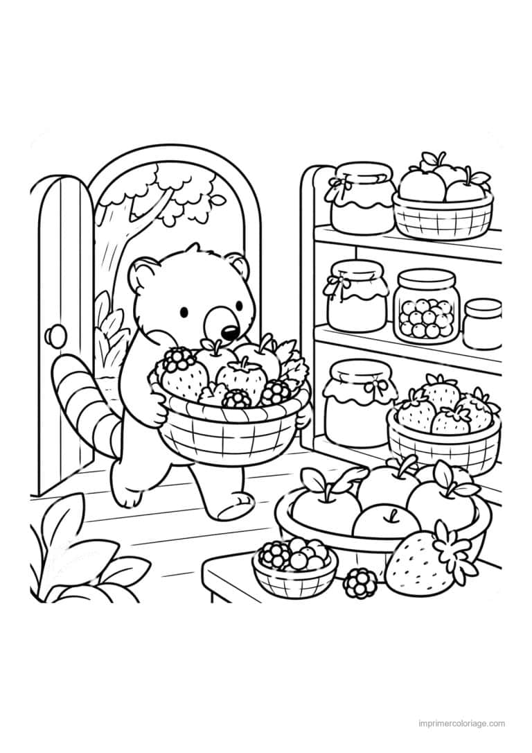 coloriage cozy ours et panier de fruits - dessin gratuit &agrave; imprimer