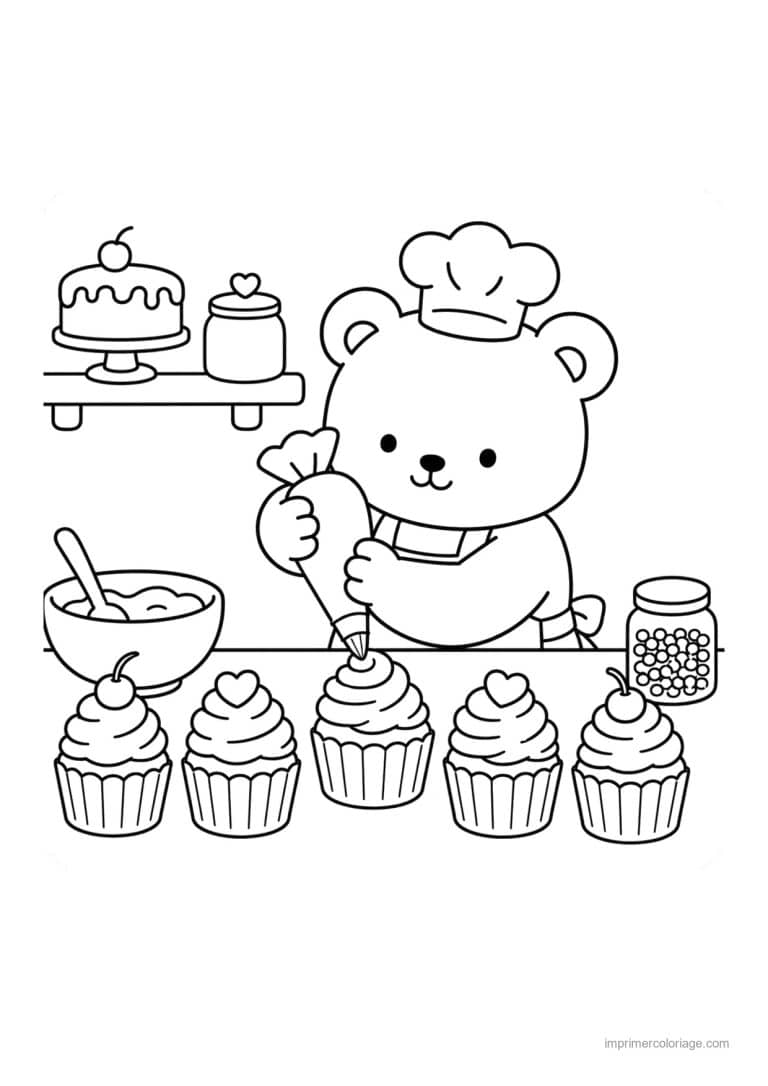 coloriage cozy ours patissier decore des cupcakes - dessin gratuit &agrave; imprimer