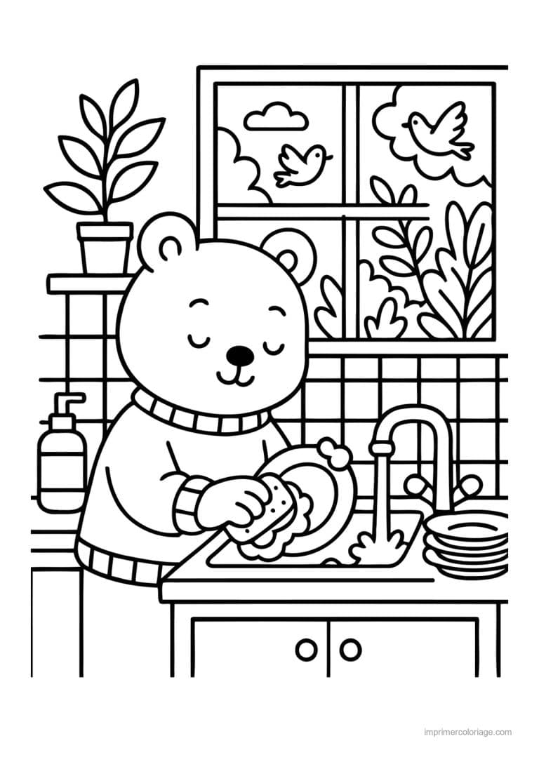 coloriage cozy ours qui fait la vaisselle - dessin gratuit &agrave; imprimer