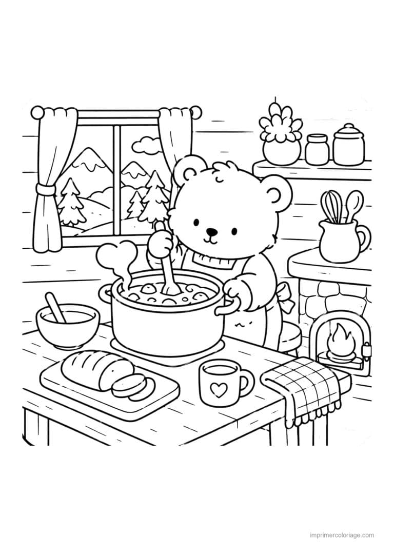 coloriage cozy ours qui prepare la soupe au chalet - dessin gratuit &agrave; imprimer