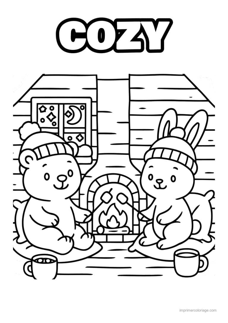 coloriage cozy ourson et lapin devant la cheminee - dessin gratuit &agrave; imprimer