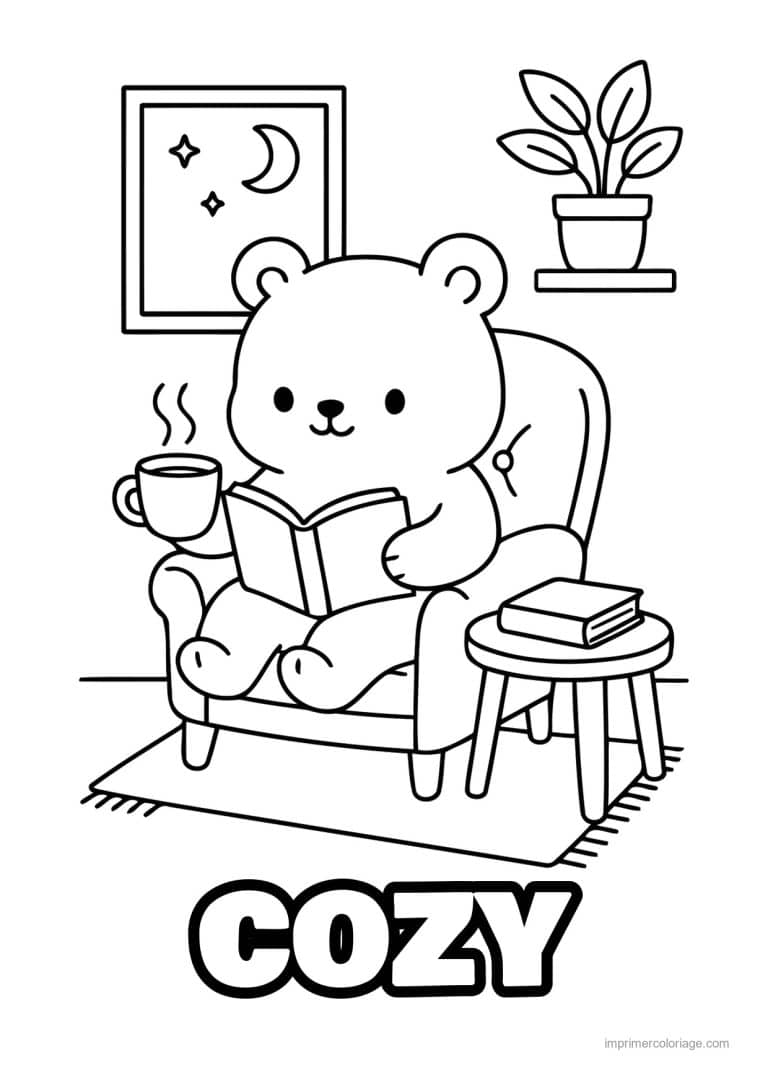 coloriage cozy ourson qui lit dans son fauteuil - dessin gratuit &agrave; imprimer
