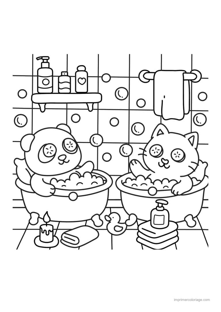 coloriage cozy panda et chat au bain - dessin gratuit &agrave; imprimer