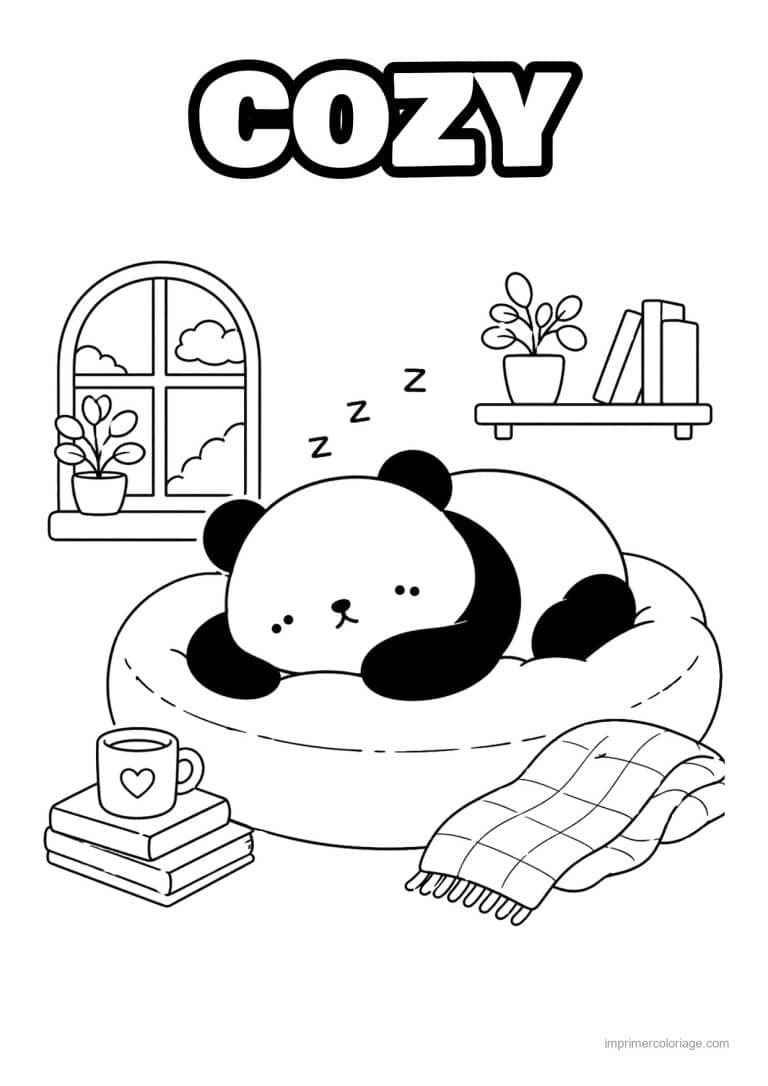 coloriage cozy panda qui dort dans un pouf - dessin gratuit &agrave; imprimer