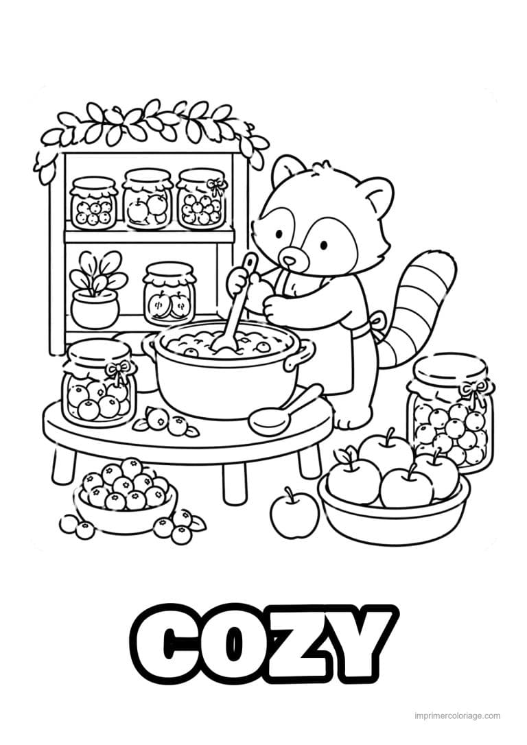 coloriage cozy panda roux fait de la confiture - dessin gratuit &agrave; imprimer