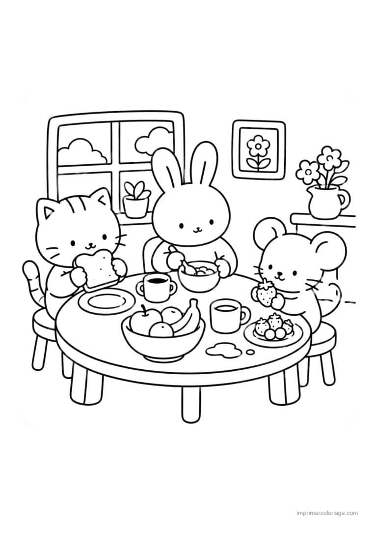 coloriage cozy petit dejeuner chat lapin et souris - dessin gratuit &agrave; imprimer