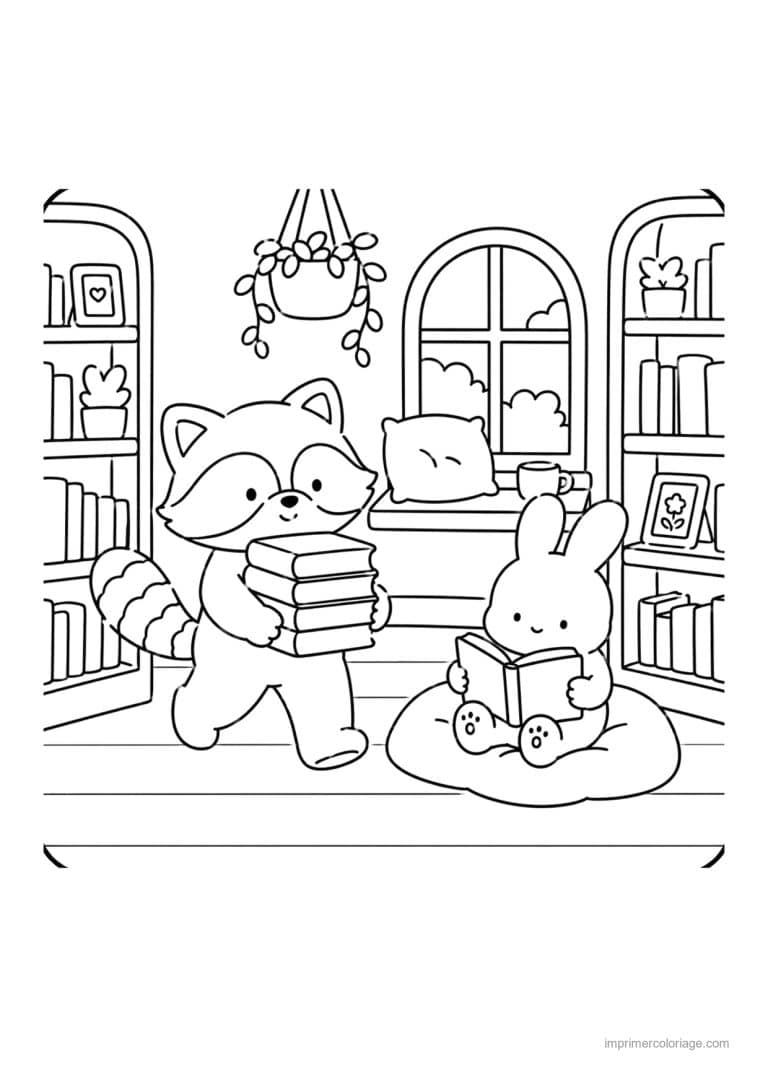 coloriage cozy raton laveur et lapin a la bibliotheque - dessin gratuit &agrave; imprimer