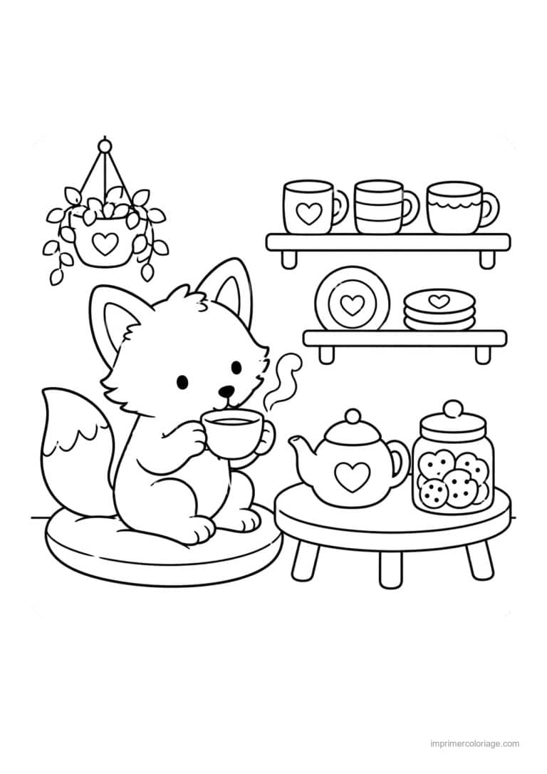 coloriage cozy renard qui boit un the sur un coussin - dessin gratuit &agrave; imprimer