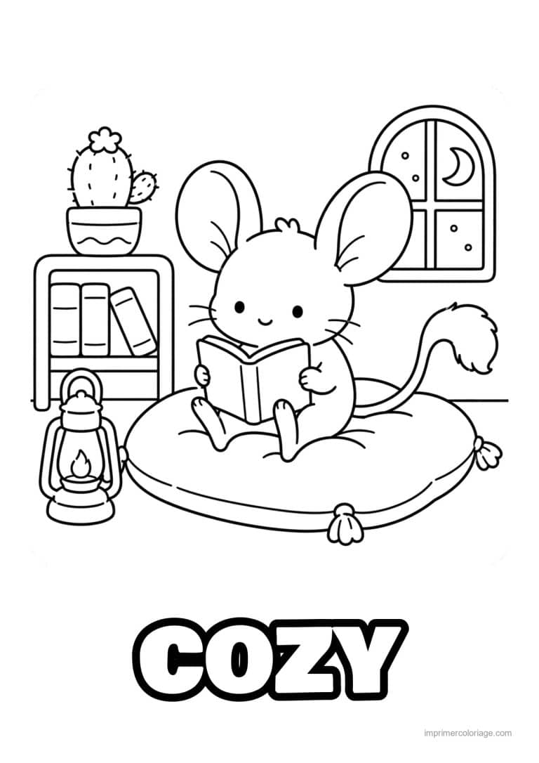 coloriage cozy souris qui lit sur un coussin - dessin gratuit &agrave; imprimer