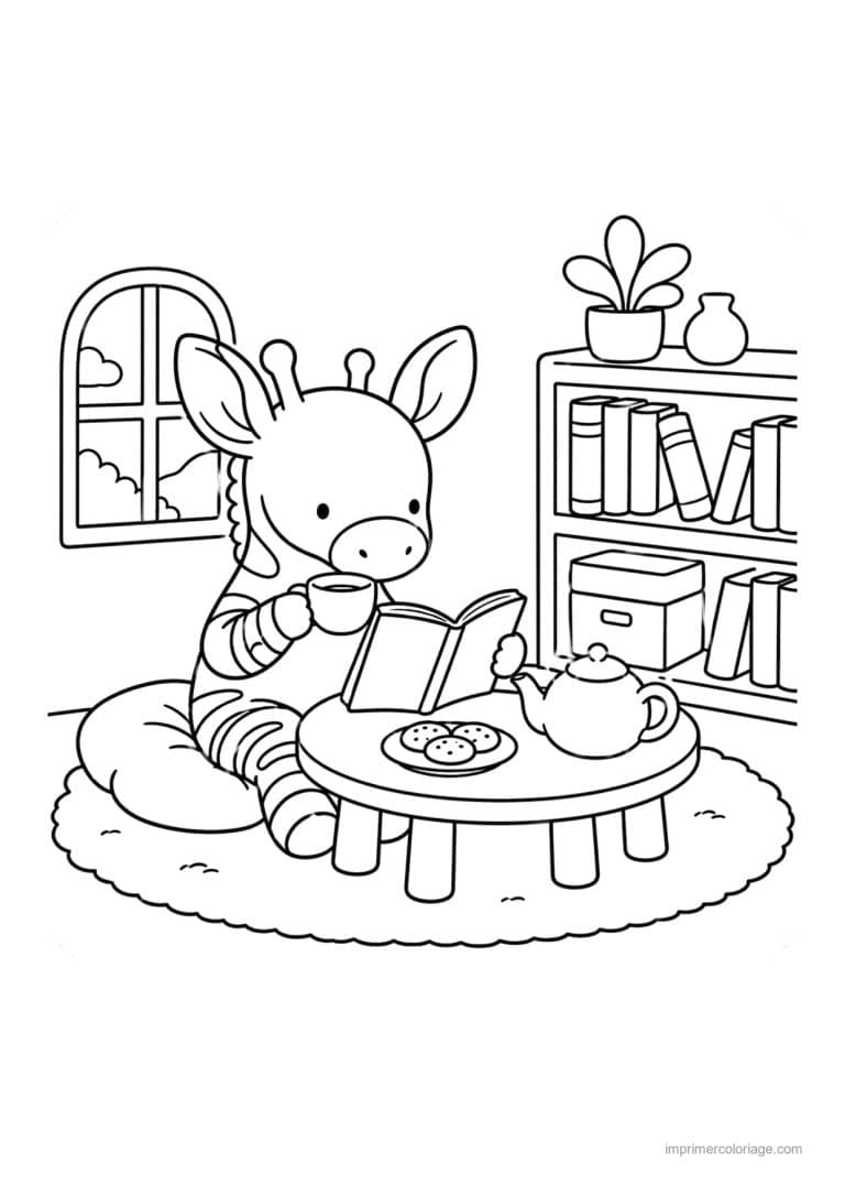 coloriage cozy zebre qui lit en buvant le the - dessin gratuit &agrave; imprimer