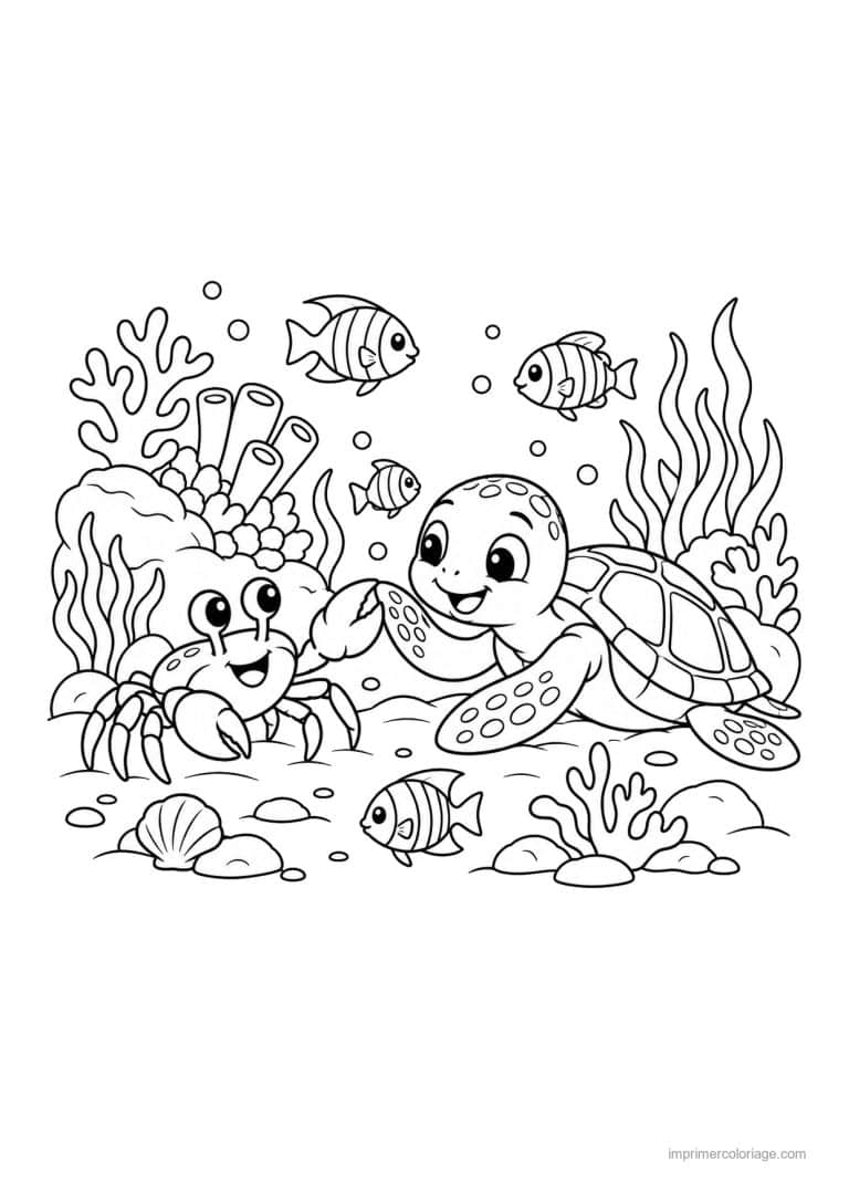 coloriage crabe ami tortue marine - dessin gratuit &agrave; imprimer