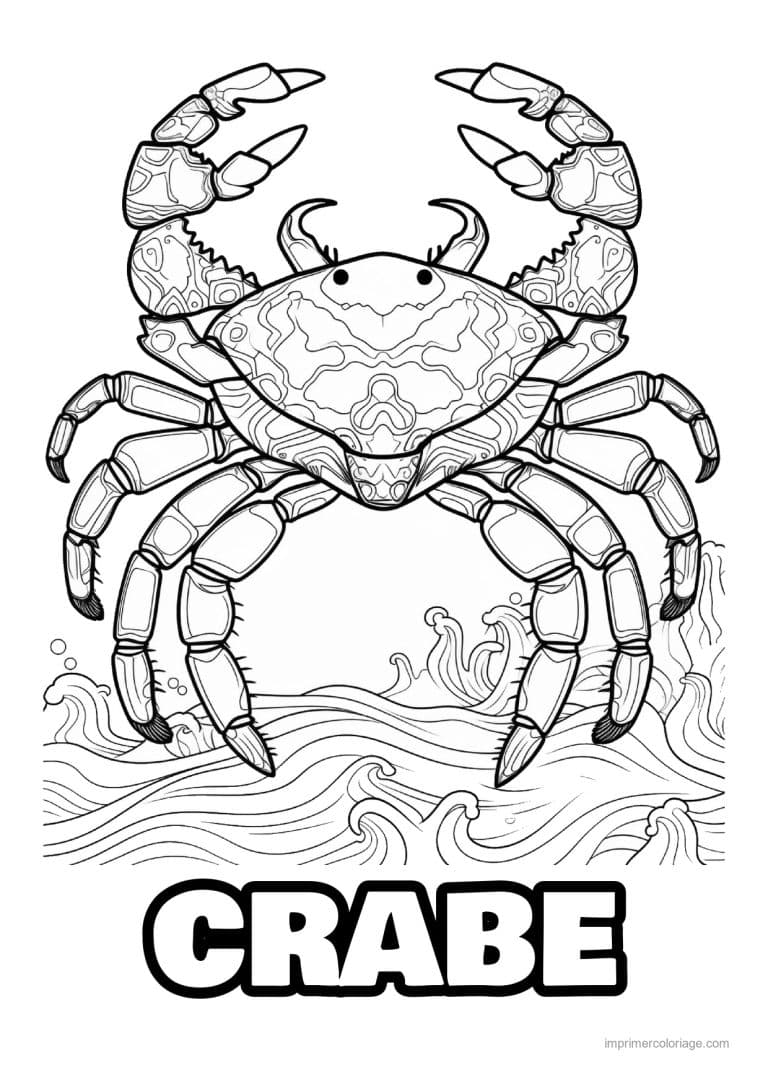 coloriage crabe carapace ornee sur les vagues - dessin gratuit &agrave; imprimer