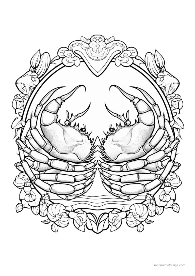 coloriage crabe deux crabes cadre floral - dessin gratuit &agrave; imprimer