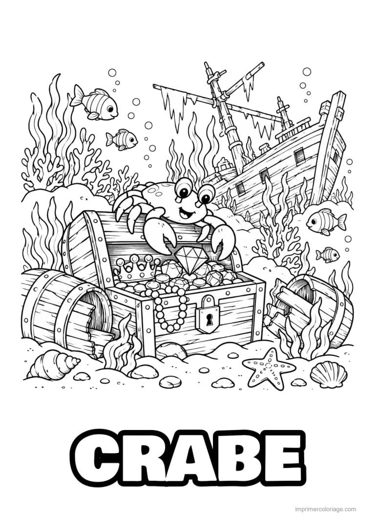 coloriage crabe explore epave bateau - dessin gratuit &agrave; imprimer