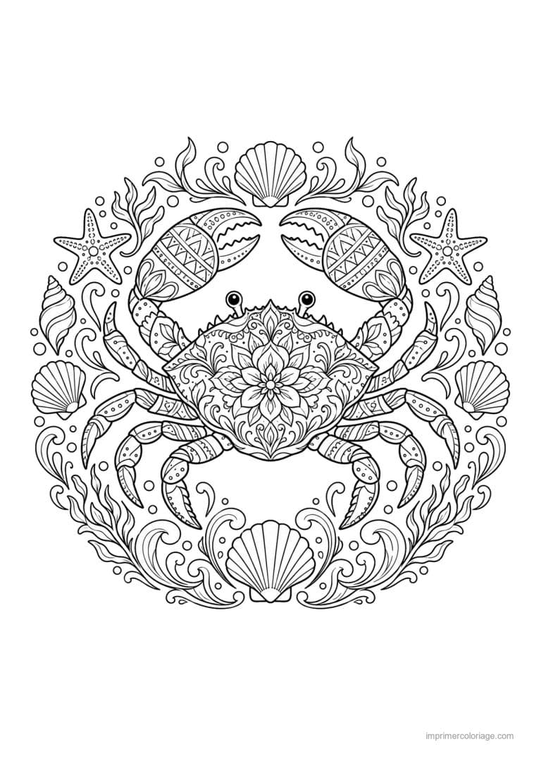 coloriage crabe mandala coquillages marins - dessin gratuit &agrave; imprimer