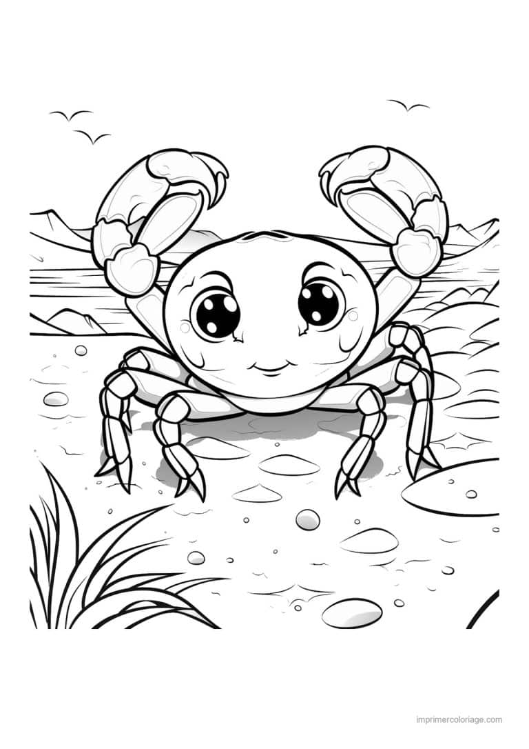 coloriage crabe sourire timide plage de galets - dessin gratuit &agrave; imprimer