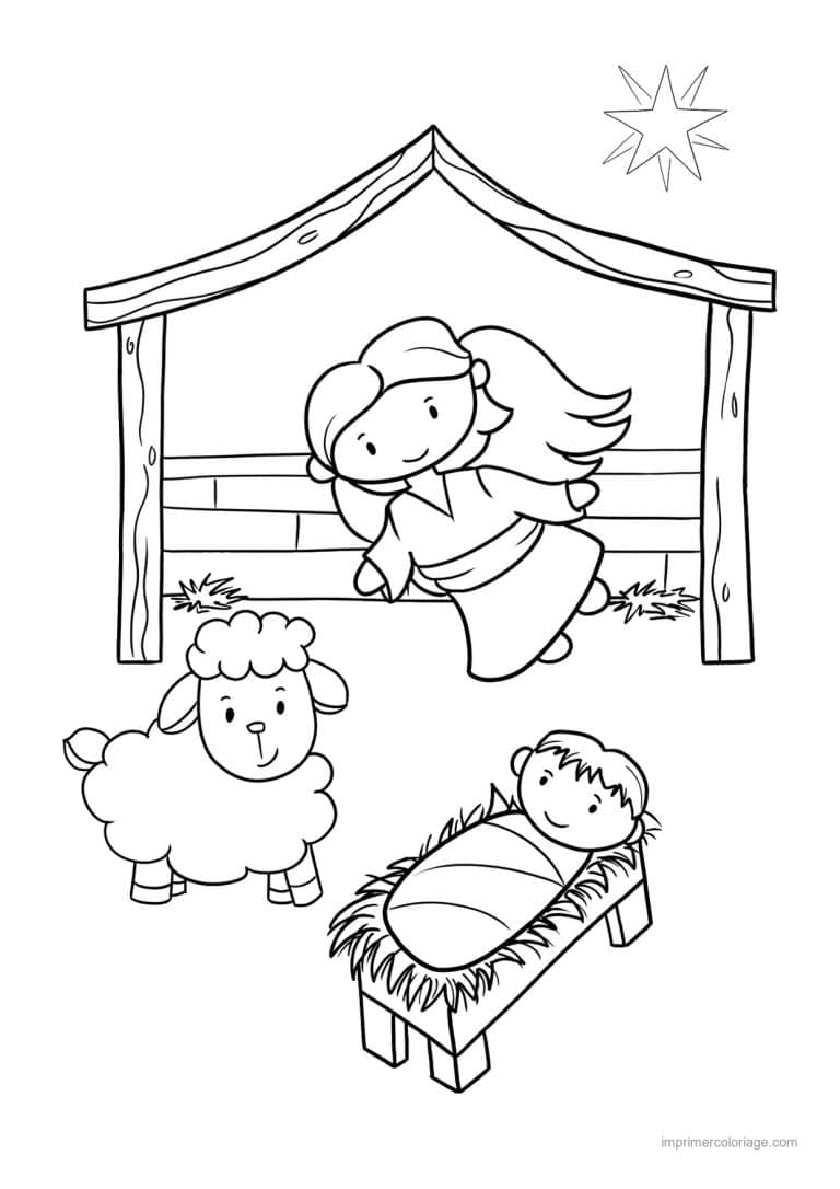 coloriage creche ange mouton jesus mangeoire etable - dessin gratuit &agrave; imprimer