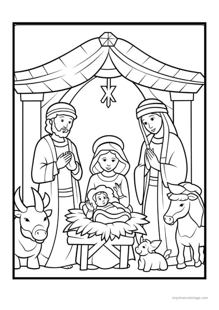 coloriage creche etable sainte famille boeuf ane - dessin gratuit &agrave; imprimer