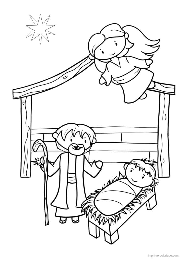 coloriage creche joseph jesus mangeoire ange etable - dessin gratuit &agrave; imprimer