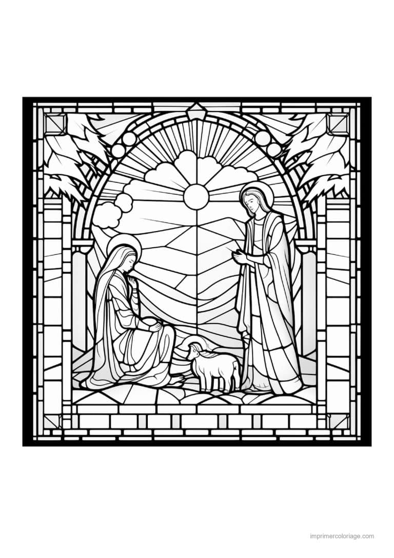 coloriage creche marie joseph agneau vitrail - dessin gratuit &agrave; imprimer