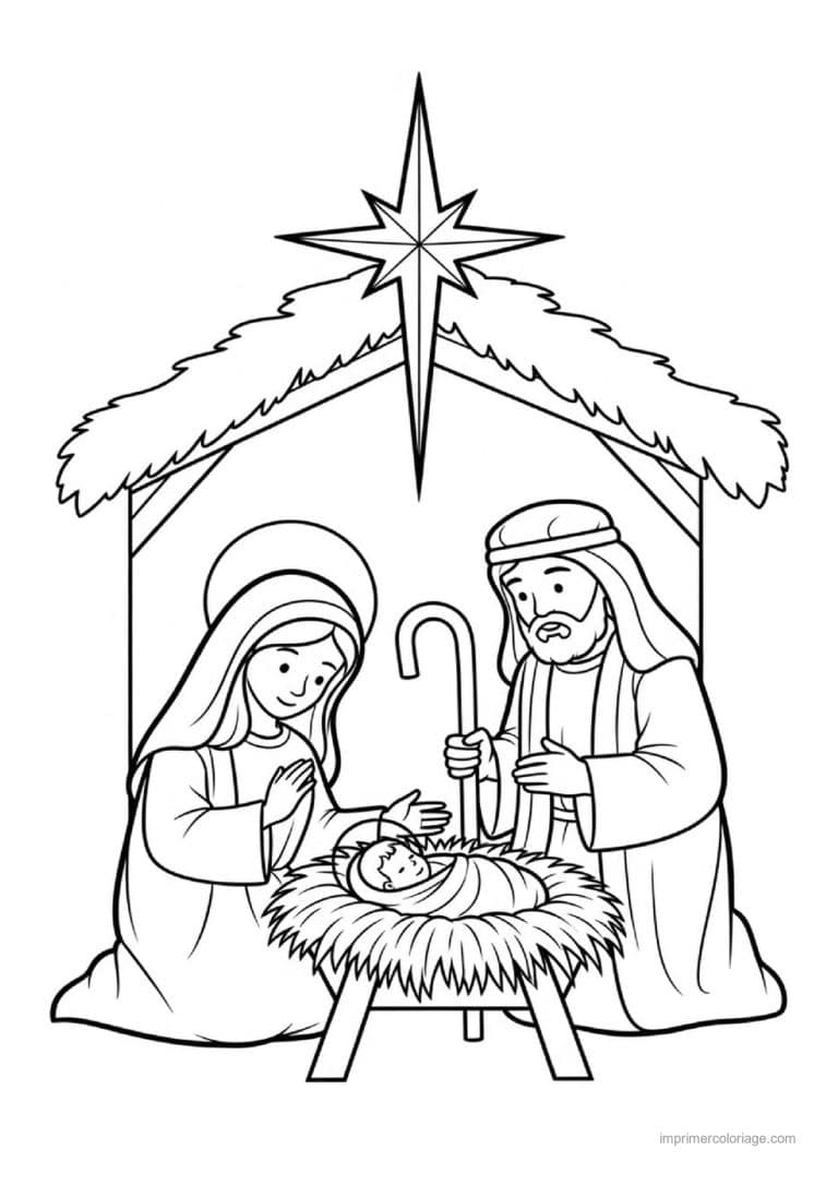coloriage creche marie joseph jesus etable etoile - dessin gratuit &agrave; imprimer