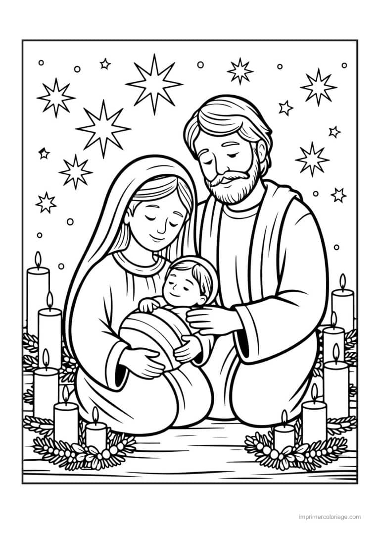 coloriage creche marie joseph tenant jesus bougies - dessin gratuit &agrave; imprimer