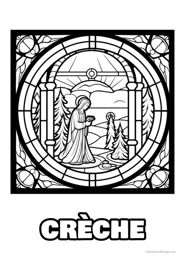 coloriage creche marie paysage sapins vitrail ovale - dessin gratuit &agrave; imprimer
