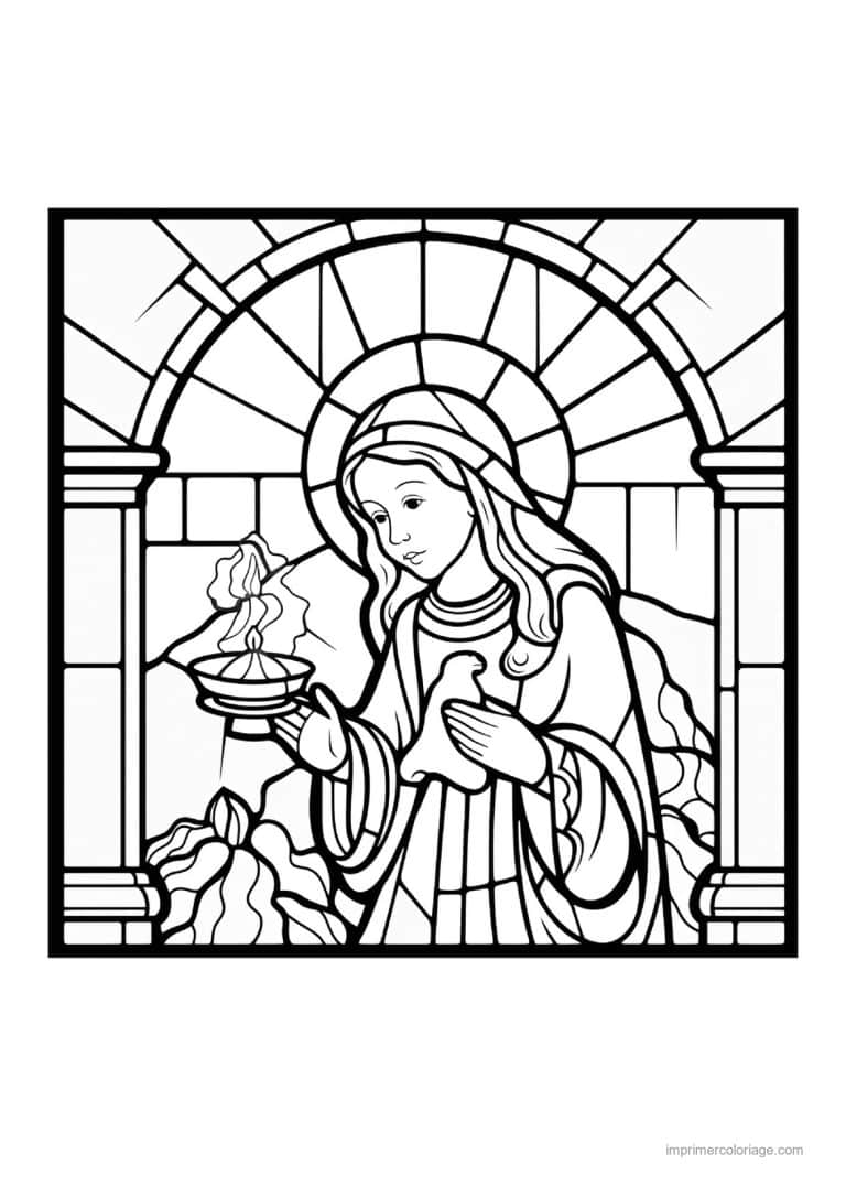 coloriage creche marie tenant coupe vitrail arque - dessin gratuit &agrave; imprimer
