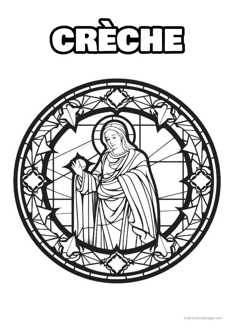 coloriage creche marie vitrail ovale - dessin gratuit &agrave; imprimer
