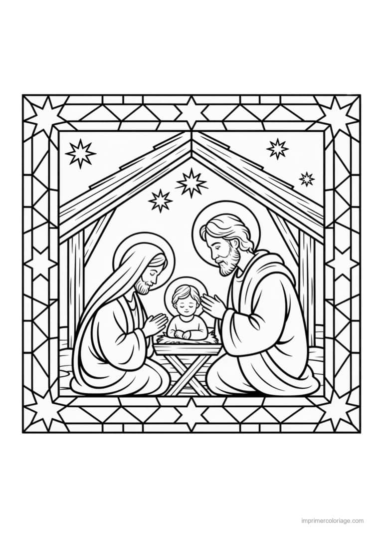 coloriage creche nativite etable etoiles cadre vitrail - dessin gratuit &agrave; imprimer