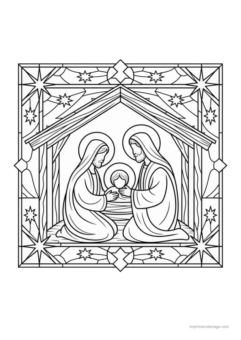 coloriage creche nativite etable etoiles vitrail - dessin gratuit &agrave; imprimer