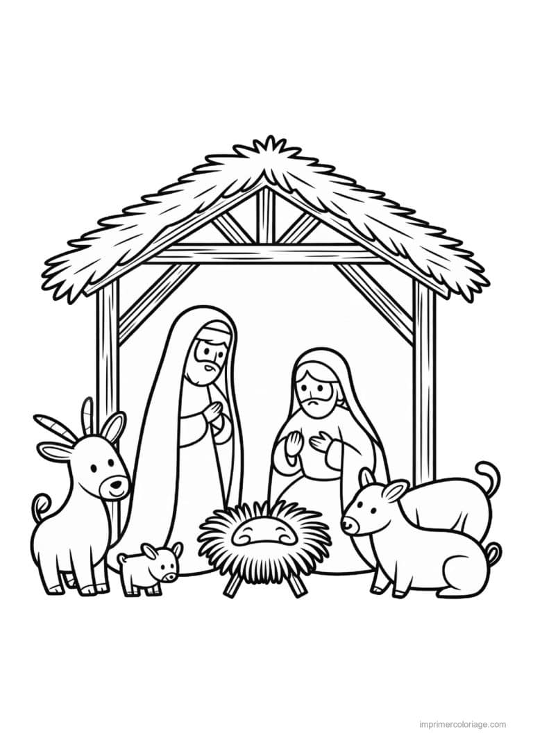 coloriage creche nativite etable marie joseph ane boeuf - dessin gratuit &agrave; imprimer