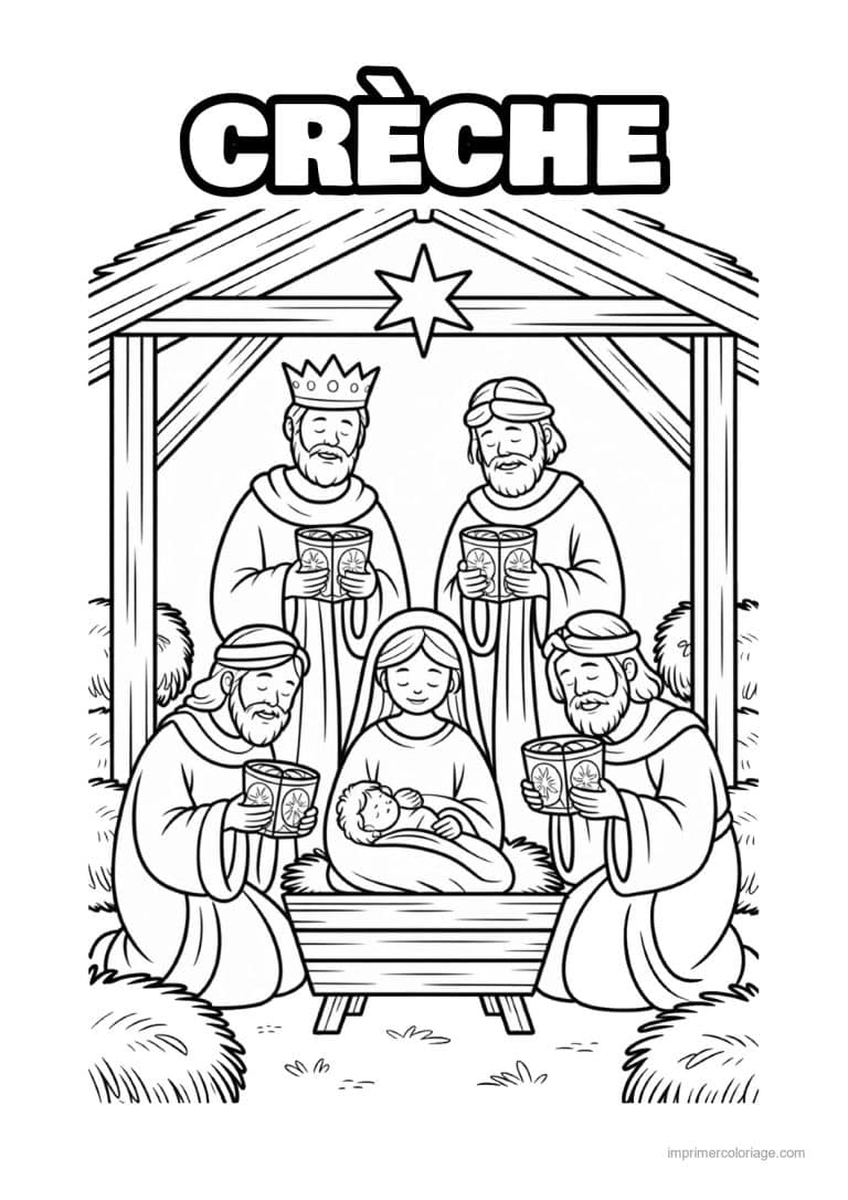 coloriage creche rois mages cadeaux jesus etable - dessin gratuit &agrave; imprimer