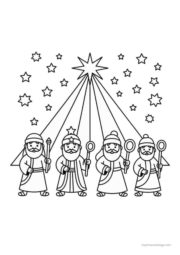 coloriage creche rois mages sous etoile - dessin gratuit &agrave; imprimer