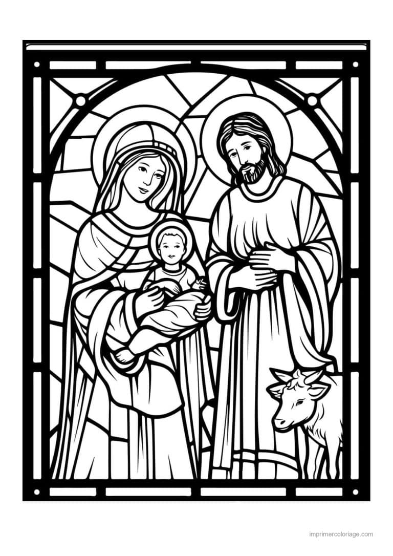 coloriage creche vitrail marie joseph jesus - dessin gratuit &agrave; imprimer