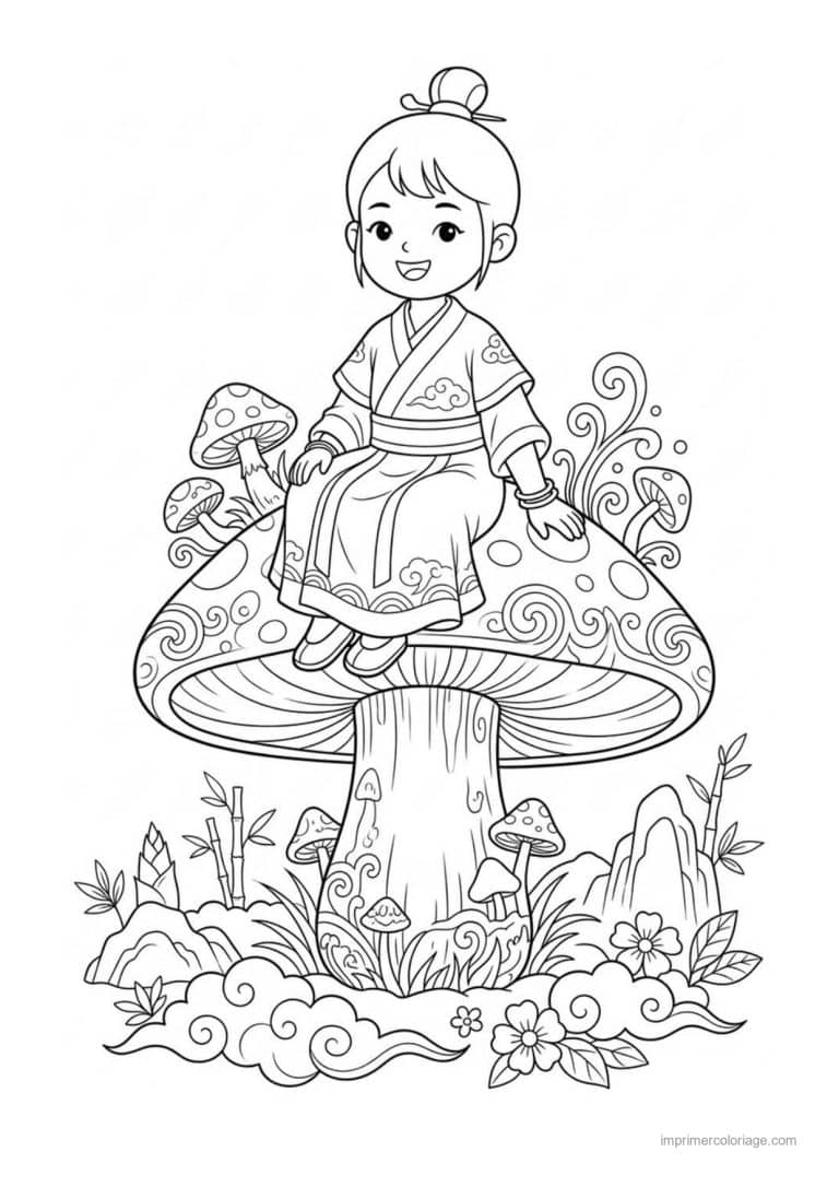 coloriage enfant chinois champignon - dessin gratuit &agrave; imprimer