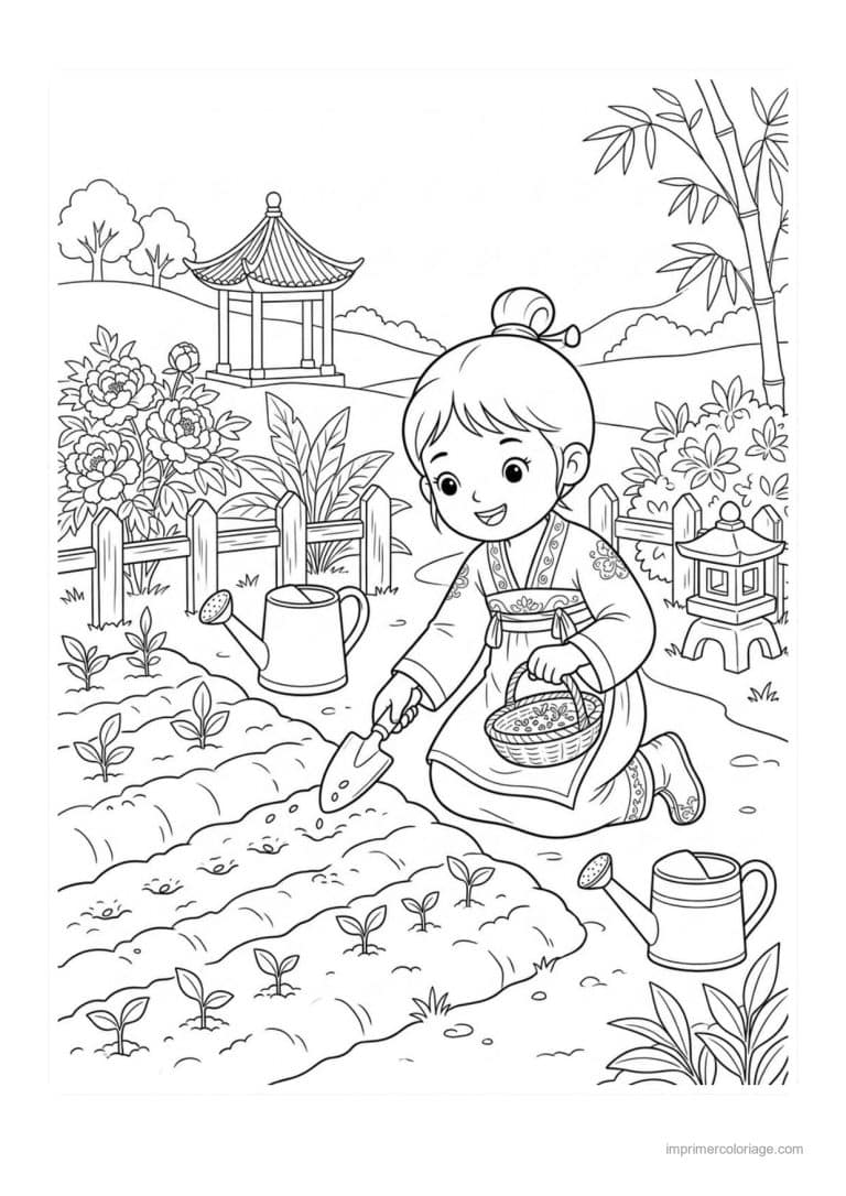 coloriage enfant chinois jardin - dessin gratuit &agrave; imprimer