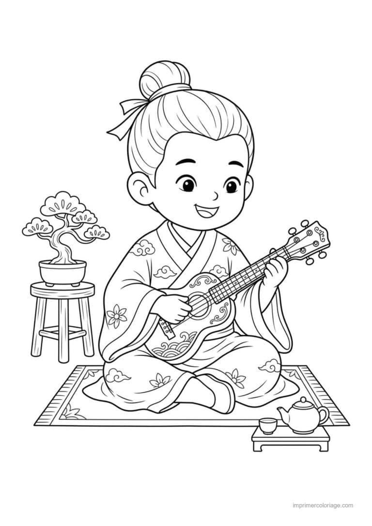 coloriage enfant chinois musique - dessin gratuit &agrave; imprimer