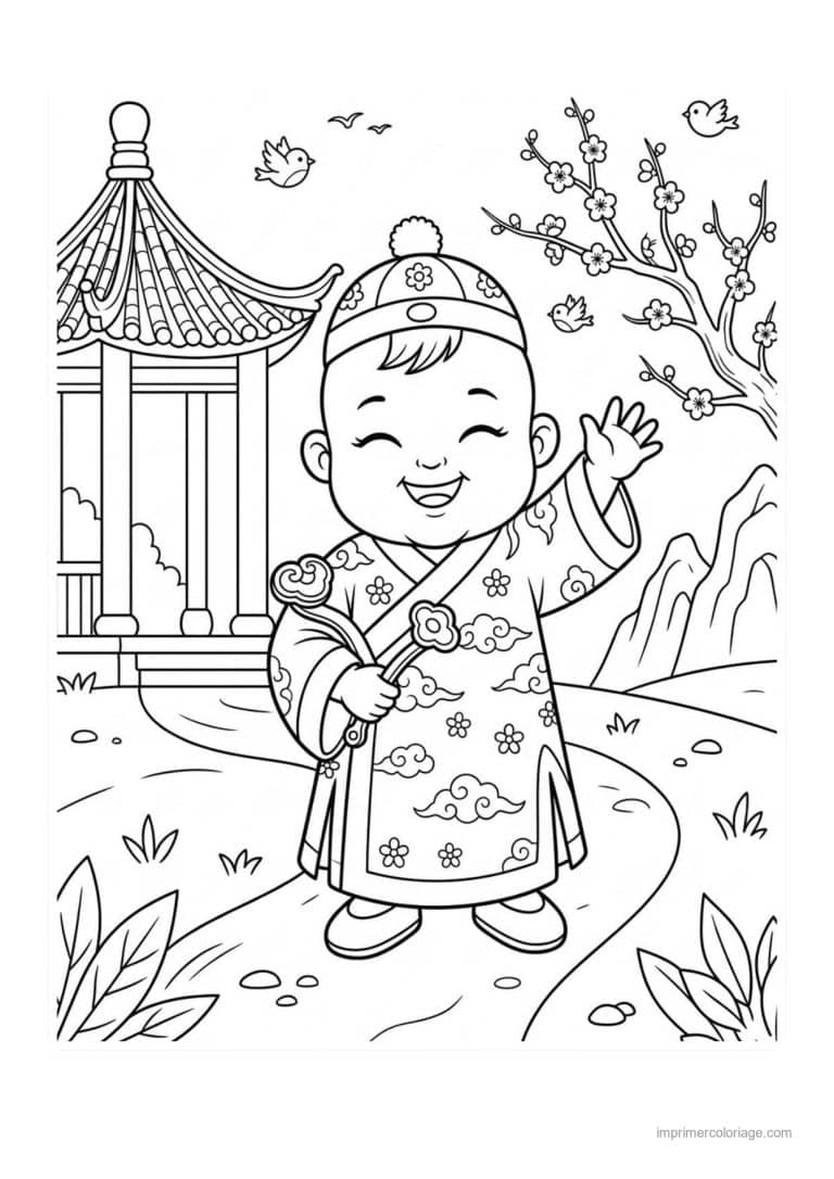 coloriage enfant chinois pagode - dessin gratuit &agrave; imprimer