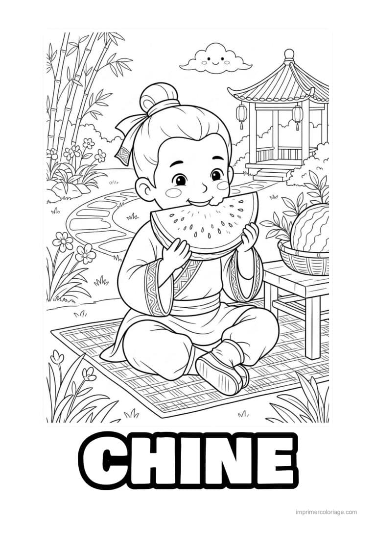 coloriage enfant chinois pasteque - dessin gratuit &agrave; imprimer