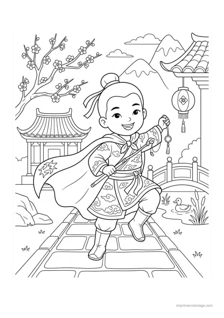 coloriage enfant chinois pinceau - dessin gratuit &agrave; imprimer