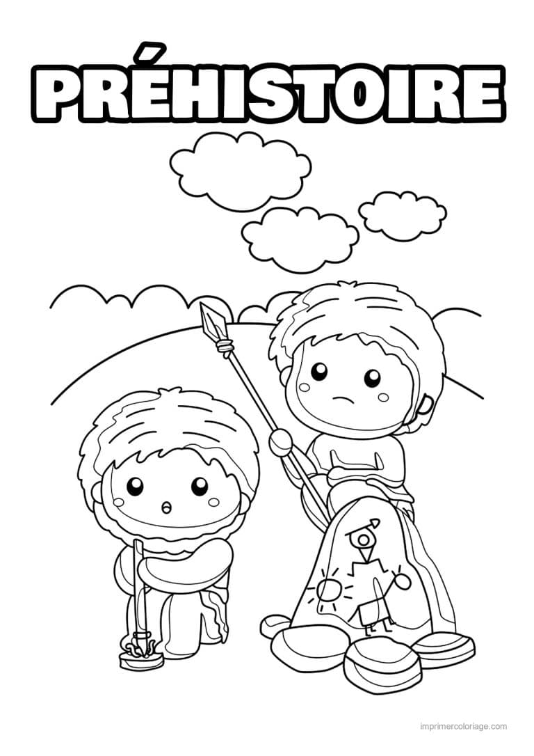 coloriage enfants prehistoriques grotte - dessin gratuit &agrave; imprimer